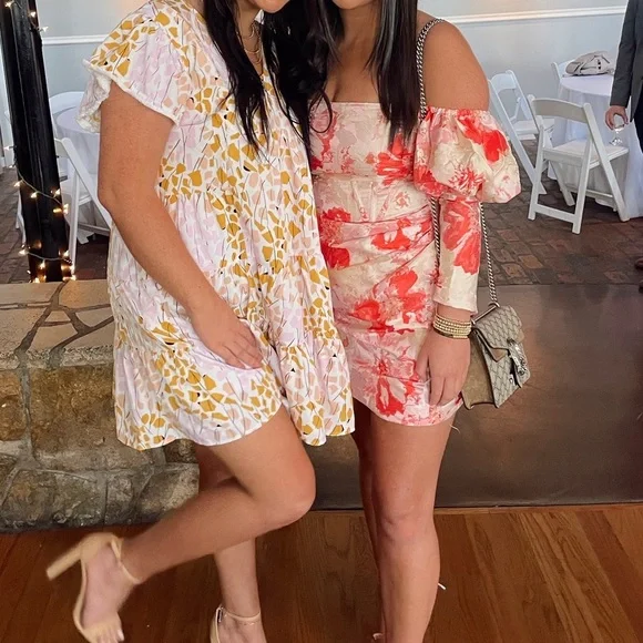 ASOS LUXE puff sleeve with fallen shoulder mini dress in floral jacquard - Picture 4 of 4